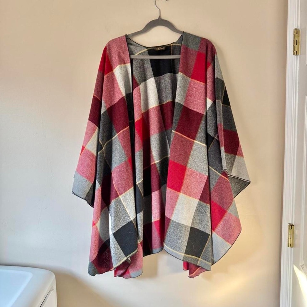 Vintage Wool Checkered Poncho / Open Cape Shawl plaid 70s wrap black red yellow